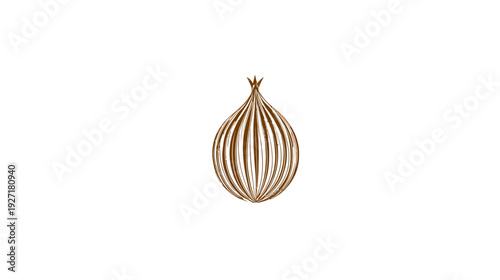 A stylized illustration of a bulbous, brown plant with textured lines against a white backdrop