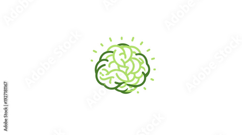 A stylized brain icon emitting green rays, suggesting thought or innovation on a white background