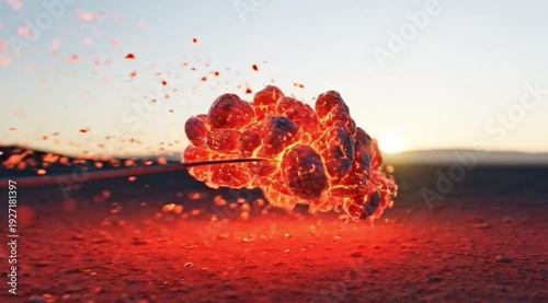 Abstract glowing elemental mass radiating heat and particles suspended over a desolate landscape at dusk