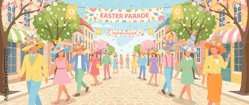 Flat vector illustration of a colorful Easter bonnet parade with people wearing creative hat designs, festive spring celebration on a cobblestone street with blooming trees and banners.