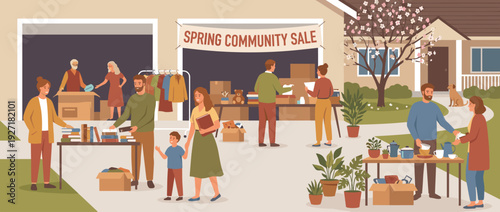 Vibrant flat vector illustration of a spring community garage sale with neighbors browsing tables of second-hand items, books, and plants in a residential driveway with a blooming cherry tree.