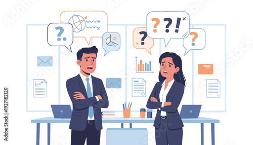 Professional Business Communication Concept Featuring Confused Man and Woman in Suits. Illustration of Workplace Issues, Misunderstandings, and Problems with Question Marks and Data Charts.