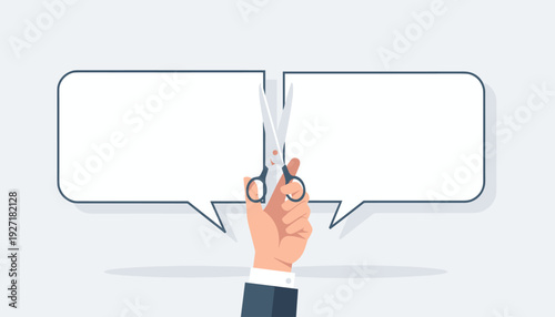Hand with scissors cutting a speech bubble in half, metaphor for failed communication, censorship, broken dialogue, social media silence, interrupted conversation, and misunderstanding vector.