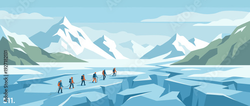 Flat vector illustration of a scenic glacier trek with a group of mountaineers roped together for safety, crossing blue ice crevasses in a majestic snow-capped mountain range landscape scenery