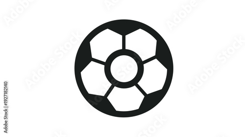 A black and white stylized illustration of a soccer ball. It is a simple graphic design