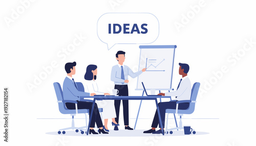 Professional business meeting vector illustration featuring a diverse team collaborating in an office. A presenter points to a growth chart with an ideas speech bubble above for success.