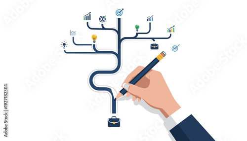 Hand holding a pencil drawing a branching path leading to various business icons like lightbulbs, charts, and targets, representing strategy, career growth, and the journey to success concept.