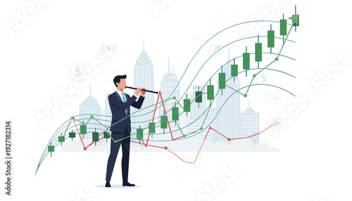 Businessman playing flute to control stock market growth graph, financial management concept with rising candlestick chart and city skyline background, investment strategy and success illustration