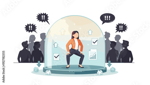 Resilient Businesswoman Protected by a Glass Dome Shield from Negative Feedback, Criticism, and Workplace Bullying, Concept of Mental Health, Focus, and Professional Success in a Toxic Environment.