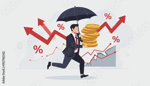 Businessman Running with Umbrella and Gold Coins to Protect Wealth from Inflation and Economic Crisis, Defensive Stock Investment Strategy during Market Crash and Financial Volatility Concept.