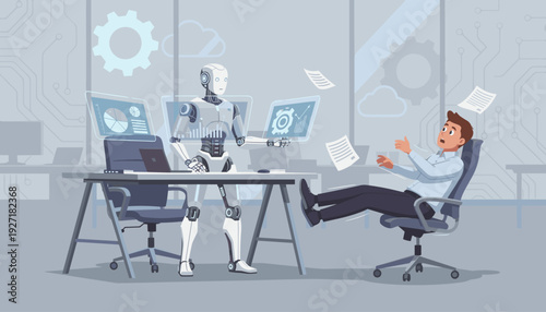 Robot Employee Replacing a Human Worker in a Modern Office, Concept of Artificial Intelligence Automation and Job Displacement with a Man Falling from His Chair and Flying Documents in the Air.