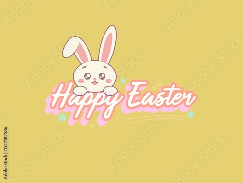 Cute minimalist illustration of a white bunny peeking over "Happy Easter" script text on a soft yellow background.