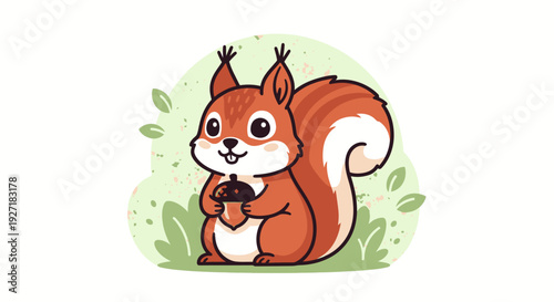 Cute Cartoon Squirrel Eating Nut Illustration.
