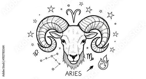 Aries zodiac sign illustration with ram head and stars.