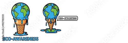 Melting Earth ice cream cone cartoon illustration. Includes two variations of a melting globe in a waffle cone. Created in a flat cartoon style with blue, green, and brown colors.