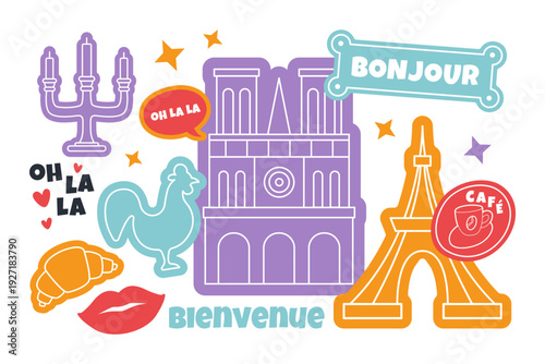 Paris Travel Stickers Set with Eiffel Tower Notre Dame Croissant Rooster Bonjour Ooh La La. French Icons Colorful Collage Illustration