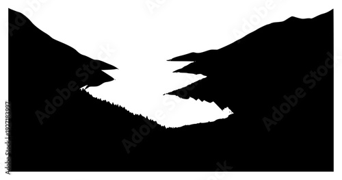 A monochrome landscape featuring mountains and a lake during sunset, hill, hillside, horizon, landscape, mountain, mountain landscape, mountain range, sun, valley, against transparent background