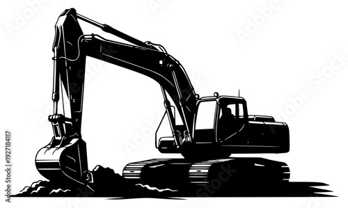 A black and white silhouette of an excavator on a , black, crane, dozer, equipment, excavator, floor, illustration, land, profile, against transparent background