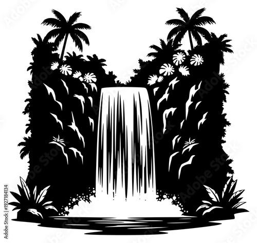 tration of a waterfall surrounded by tropical plants and flowers, black, illustration, jungle, palm tree, plant, profile, surround, tropic, vegetation, waterfall, white, against transparent background
