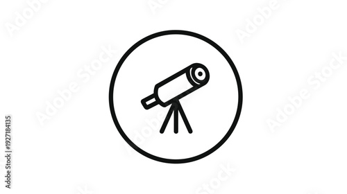 A minimalistic black and white illustration of a telescope inside a circle
