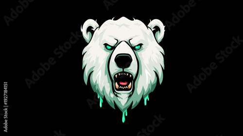 A fierce, digital illustration of a polar bear's head with glowing eyes and open mouth
