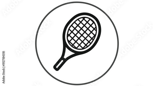 Tennis racket icon, simple, black and white design inside a grey-outlined circle