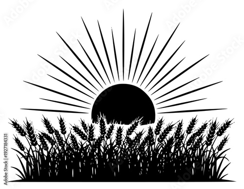 A black and white silhouette of a sunset over a field of wheat, black, field, grain, grass, horizon, illustration, profile, ray, sun, wheat, wheat field, against transparent background