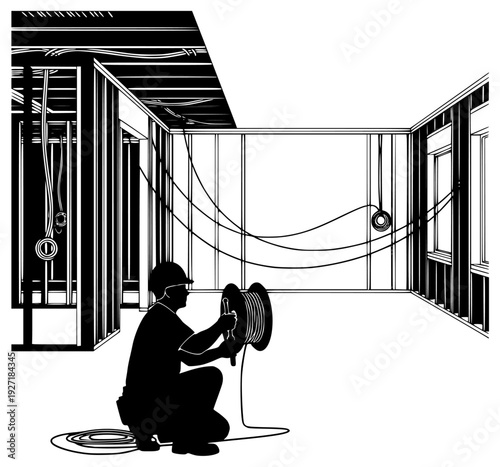 t, floor, illustration, job, man, manhole, manhole cover, mechanic, overall, pillar, power line, profile, reel, repair, server room, squat, technician, tire, tool, wire, against transparent background