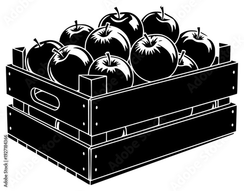 A wooden crate filled with apples, monochrome illustration, apple, black, box, container, crate, fill, illustration, against transparent background