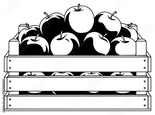A wooden crate filled with apples in black and white, apple, black, box, container, crate, fill, fruit, illustration, against transparent background