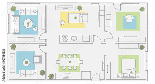 Modern House Floor Plan with Furnished Rooms and Decor.