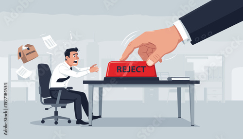 Big Employer Hand Pushing Red Reject Button and Office Worker Getting Fired and Rejected from His Seat with Personal Belongings. Concept of Corporate Layoff, Unemployment and Job Loss Dismissal.