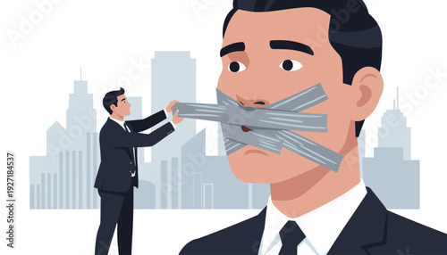 Businessman Censorship Concept Illustration with a Small Executive Sealing a Giant Man's Mouth with Duct Tape to Silence Him Against a City Skyline Background for Corporate Suppression Themes