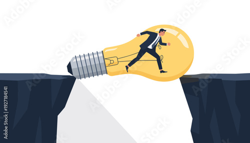 Business professional running inside a lightbulb bridging a deep chasm between two cliffs, symbolizing creative solutions, innovative thinking, and overcoming obstacles through inspiration.