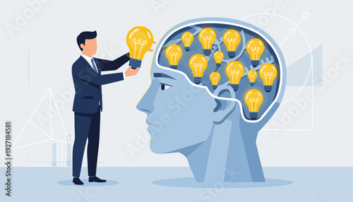 Businessman Placing a Glowing Light Bulb into a Human Head Profile Filled with Ideas, Concept of Innovation, Creative Thinking, Knowledge, Brainstorming, and Mental Development Illustration