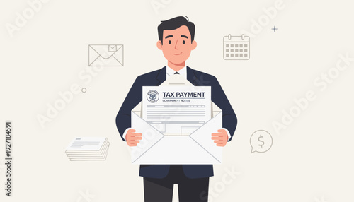 Businessman in a suit holding a large envelope with a tax payment government notice document. Professional vector illustration for financial planning, IRS compliance, and business taxation.