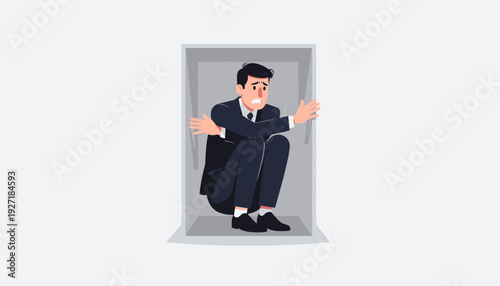 Businessman Trapped Inside an Uncomfortable Small Box, Experiencing Claustrophobia and Fear of Closed Spaces. Vector Illustration of a Stressed Man in a Suit Feeling Confined and Restricted.