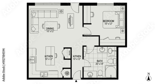 Detailed floor plan of a modern apartment with labeled rooms and furniture.