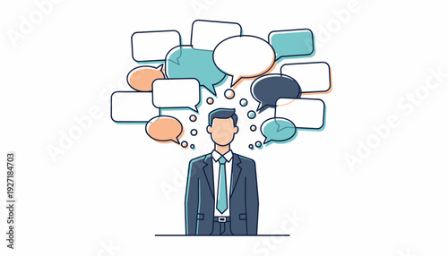 Businessman with Multiple Speech Bubbles and Thought Clouds Vector Illustration, Concept for Brainstorming, Creative Ideas, Communication Strategy, Feedback, Social Media, and Problem Solving.