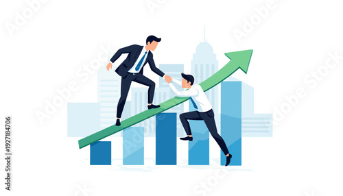 Businessman Giving a Helping Hand to Coworker on a Rising Arrow Graph, Concept of Teamwork, Support, Mentorship, and Business Success with City Skyline and Growth Chart in Background Vector