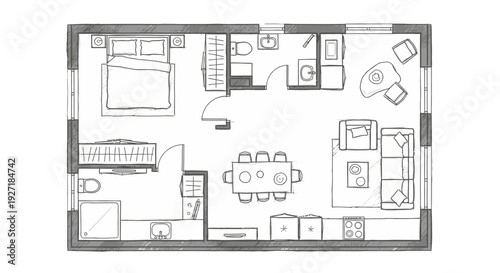 Detailed floor plan of a modern apartment with furniture layout.