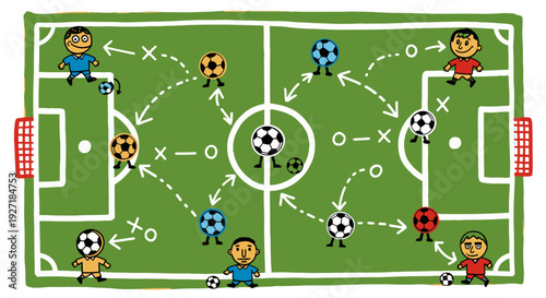 Soccer tactics diagram with players and ball movements.