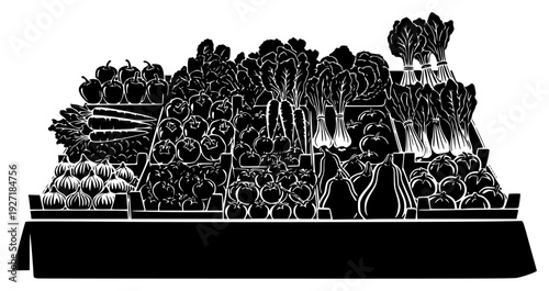 A black and white illustration of a display of fresh vegetables, black, box, crate, daikon, fill, food, fruit, illustration, market, produce, tray, vegetable, white, against transparent background