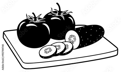 ite illustration of two tomatoes and slices on a cutting board, black, board, cut, cutting board, eggplant, illustration, platter, slice, tomato, tray, vegetable, white, against transparent background