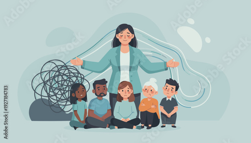 Psychotherapy and Mental Health Support Concept Metaphor with Female Therapist Protecting a Diverse Group of People from Emotional Distress, Anxiety, and Confusion towards Clarity and Peace