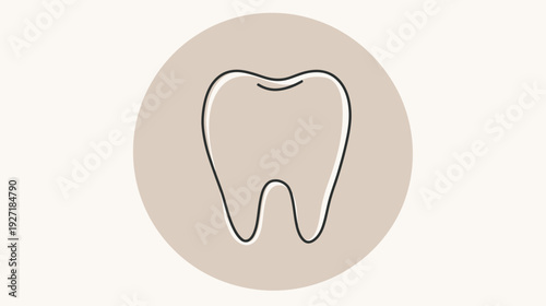 Minimalist illustration of a tooth, depicted with a black outline within a beige circle