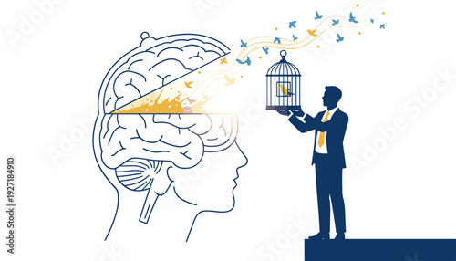 Conceptual Vector Illustration of Mind Liberation and Freedom with a Businessman Releasing Birds from an Open Brain, Symbolizing Creativity, Mental Health, New Ideas, and Breaking Constraints.