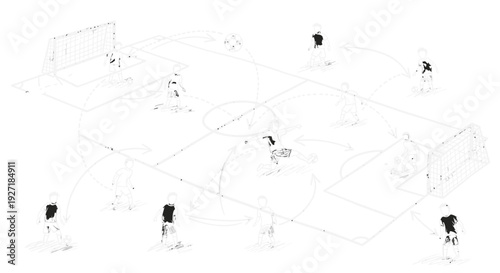 Simple black and white illustration of a soccer field with players.