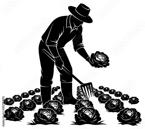 , holding a head of cabbage while using a rake, black, floor, flower, gardener, hoe, illustration, job, land, man, pitchfork, profile, rake, rose, shovel, sun hat, tool, against transparent background