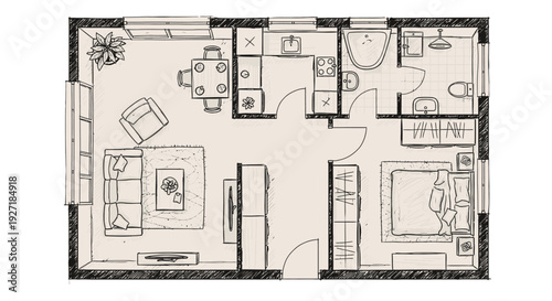 Detailed floor plan of a modern apartment with various rooms and furniture.